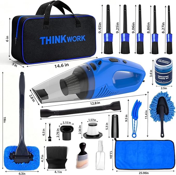 THINKWORK Car Cleaning Kit Car Detailing Kit,Car Cleaning Kit Interior Cleaner with High Power Blue Handheld Vacuum Cleaner,B