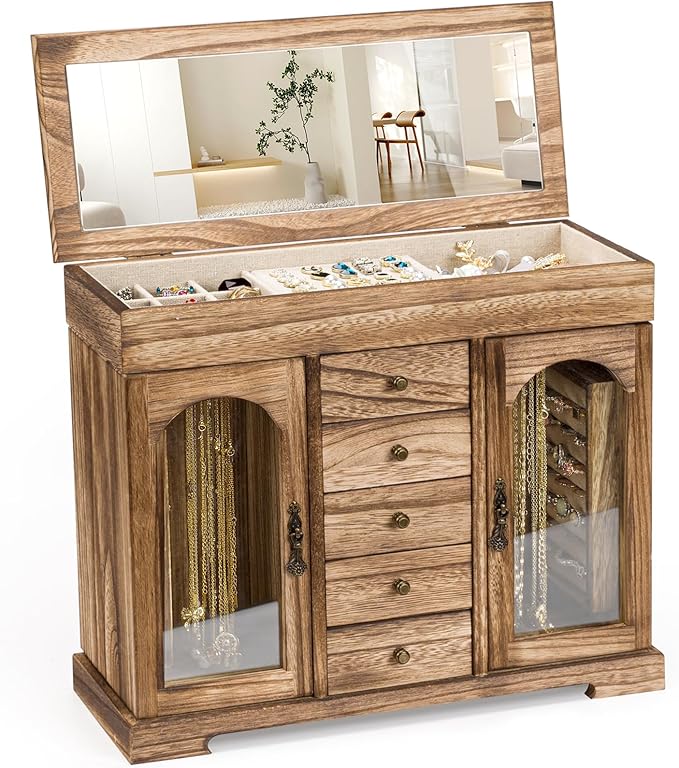 Miratino Jewelry Box for Women Girls, Rustic Wooden Jewelry Organizer Box with Mirror, 5 Layer Jewelry Storage Case Display f