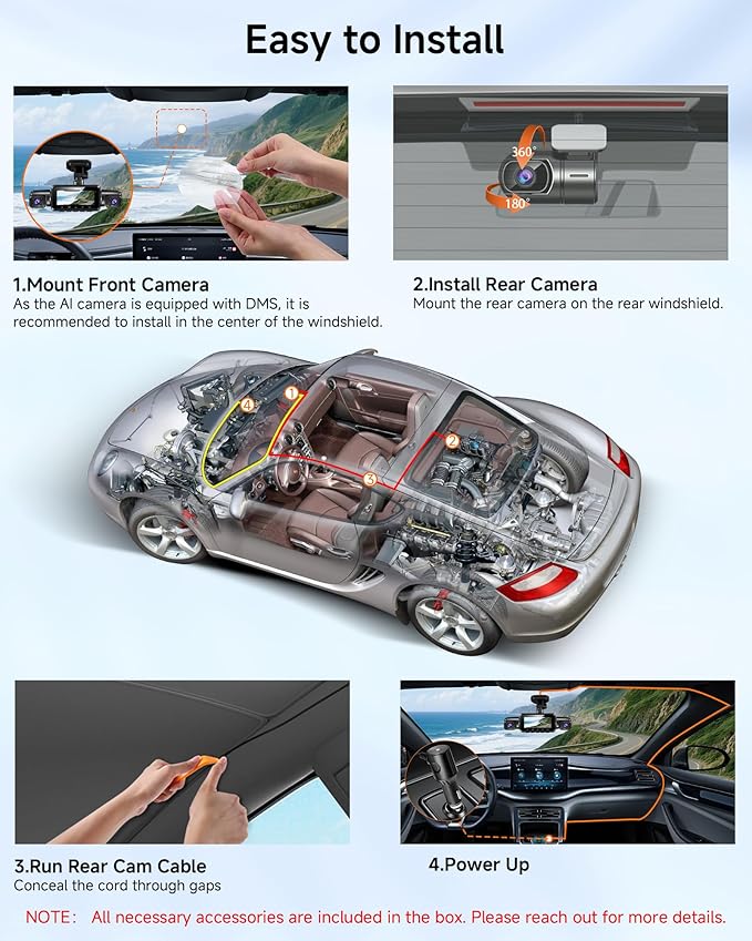 4K STARVIS 2 Dash Cam Front and Rear, 360° 4 Channel Dash Camera for Cars, Car Video Recorder with AI Driver Monitor System, 