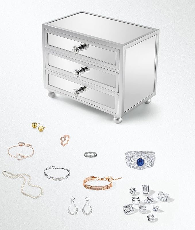 Gifturbo 3 Layer Mirrored Glass Jewelry Box, Large Capacity Women's Storage Box with Velvet Interior and Crystal Handle