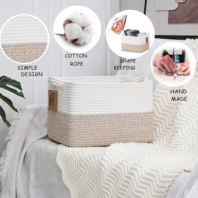 COMFY-HOMI Cotton Rope Woven Basket with Handles for Shelves,Toys,Book, Cloth Storage Baskets for Organizing-13.5" x 11" x 9.