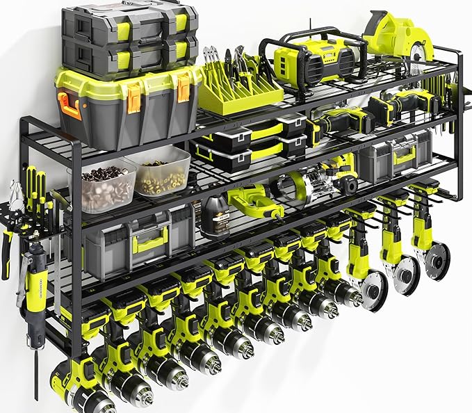 KAFAHOM Large Power Tool Organizer Wall Mount-13 Drill Holder for Garage,4 Layer Power Tool Rack,Tool Organizer and Storage w