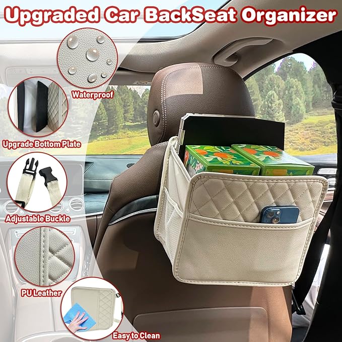 Upgrade Car Seat Organizer Backseat with Storage Pockets, Multipurpose Car Organizer Hanging, Car Trash Bag Can,Premium PU