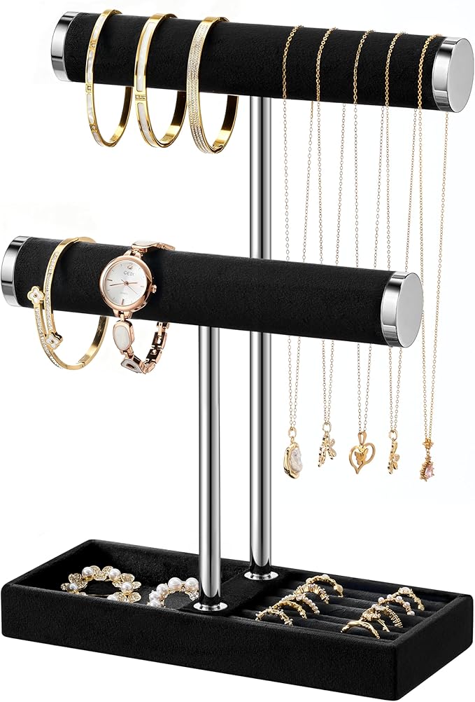 bussdis 2 Tier Bracelet Holder Display - Detachable T Bar Black and Silver Velvet Bracelet Holder, Jewelry Holder Organizer f
