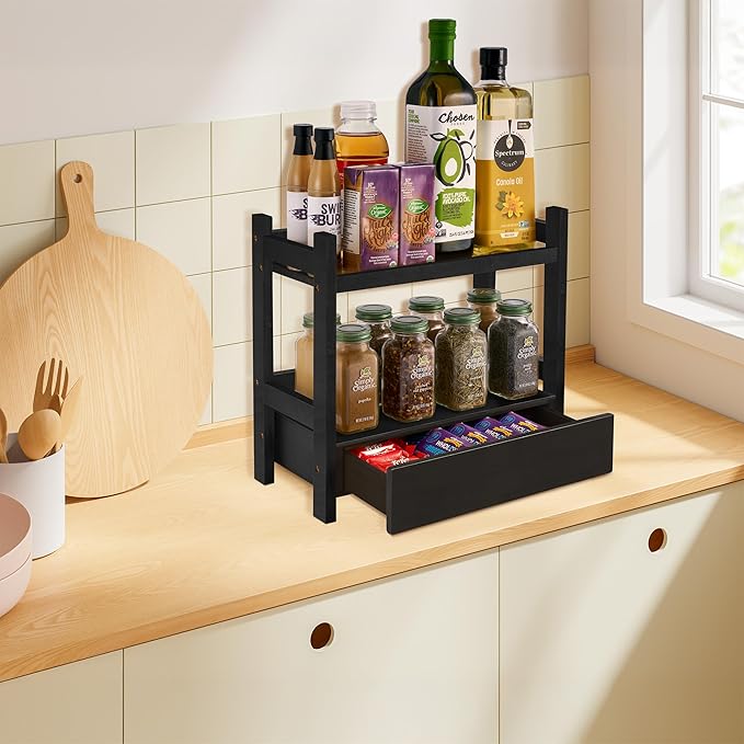 Sorbus Bamboo Bathroom Counter Organizer – 2-Tier Shelf with Hidden Drawer for Vanity, Matcha Station, Bathroom Sink Organize