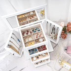 Emfogo Jewelry Box for Women, Rustic Wooden Jewelry Boxes & Organizers with Mirror, 4 Layer Jewelry Organizer Box Display for
