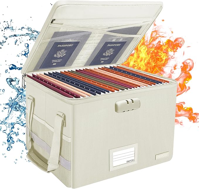 ENGPOW File Box with Lock, Fireproof Document Box with Zipper Lid, Collapsible File Storage Organizer Filing Cabinet with Han