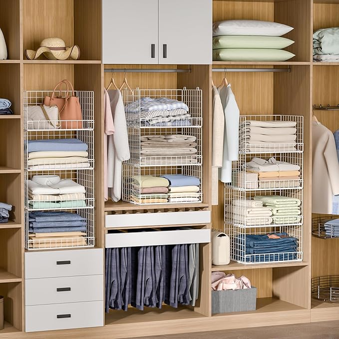 4-Tier Stackable Closet Organizers and Storage Basket, Foldable Closet Shelf Organizer System, Space-Saving Clothes Storage D