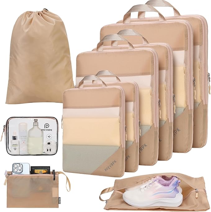 PFEYRPK Lightweight Compression Packing Cubes for Suitcases, Compressible Expandable Travel Packing Organizer with Clear Toil