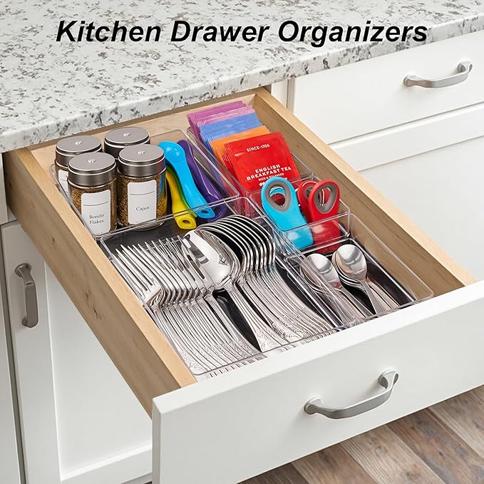 SMARTAKE 7-Piece Drawer Organizer with Non-Slip Silicone Pads, 4-Size Desk Drawer Organizer Trays Storage Tray for Makeup, Je