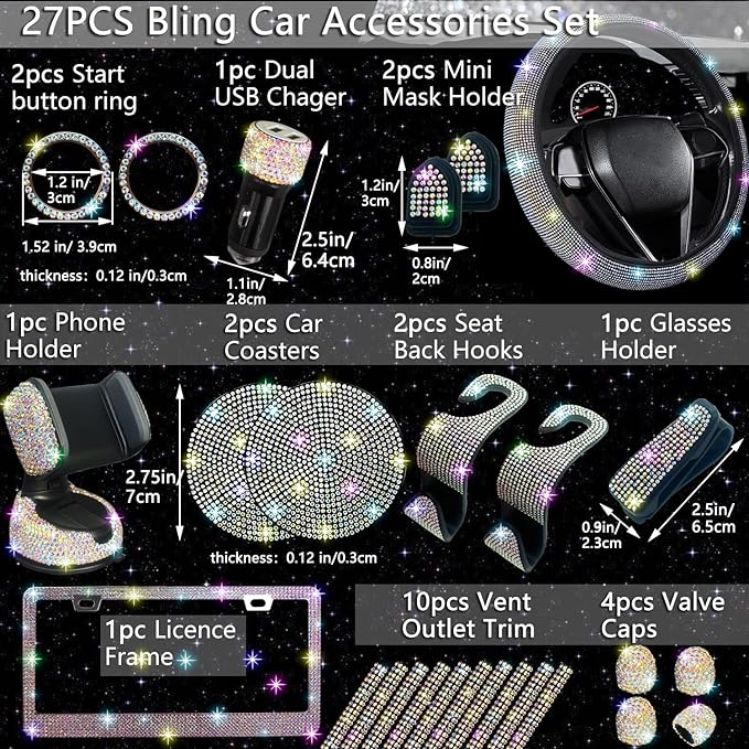 NBTEPEM 27 PCs Multicolor Bling Car Accessories Set for Women, Steering Wheel Covers Universal Fit 15 Inch, Bling License Plate Frame, Bling Phone Holder, Bling Car Coasters
