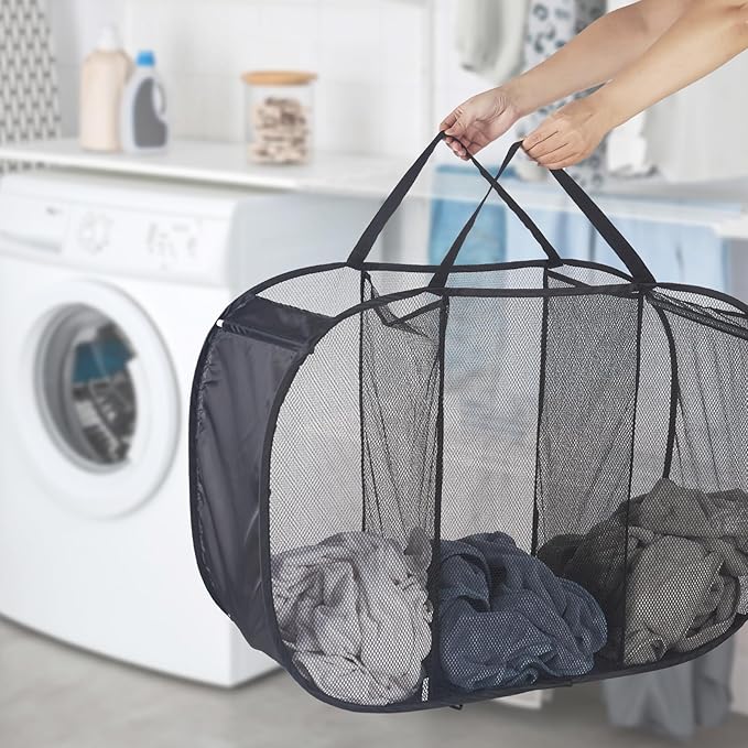Seiritex Mesh Popup Laundry Hamper 3 Compartment Sortable Horizontal Collapsible Laundry Basket for Clothes Laundry Room Bedr