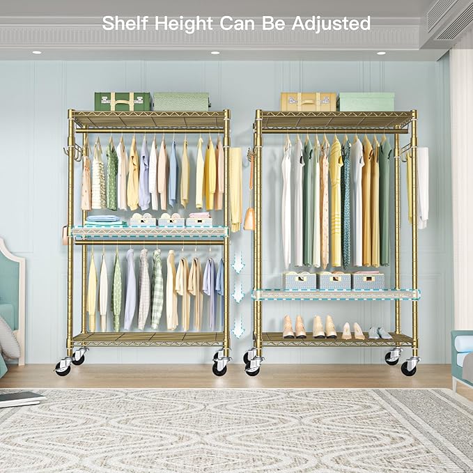 FUTASSI P1 Rolling Clothes Rack, Movable Metal Garment Closet Organizer with Lockable Wheels, Clothing Wardrobe with Double H