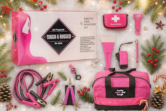 Pretty Pink Roadside Kit - Pink Emergency Kit for Teen Girls and Women - Car Accessories for Women - Durable Carry Bag with L