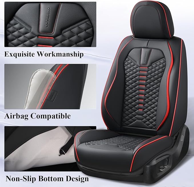 Coverado Seat Covers Full Set, Waterproof Nappa Leather Seat Covers for Cars, 5 Seats Universal Car Seat Protectors, Black Ca
