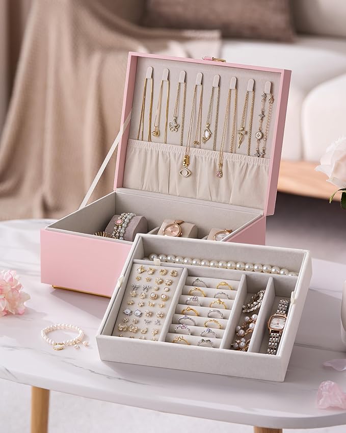 pickpiff 2 Layer Jewelry Box Organizer for Women, Jewelry Organizer with Handle & Removable Tray, Necklace Holder Ring Earrin