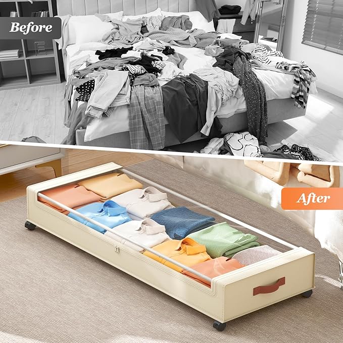 Yecaye Under Bed Storage with Wheels 2 Pack, 85L Extra Large Under Bed Storage Containers with Metal Frame & Clear Lid, Rolli