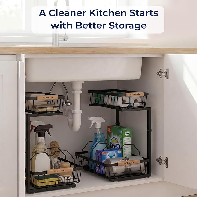 Under Sink Organizer, 2 Pack, 2 Tier Sliding L-Shaped Carbon Steel Rack with Adjustable Height, Motion-Activated LED Lights, 