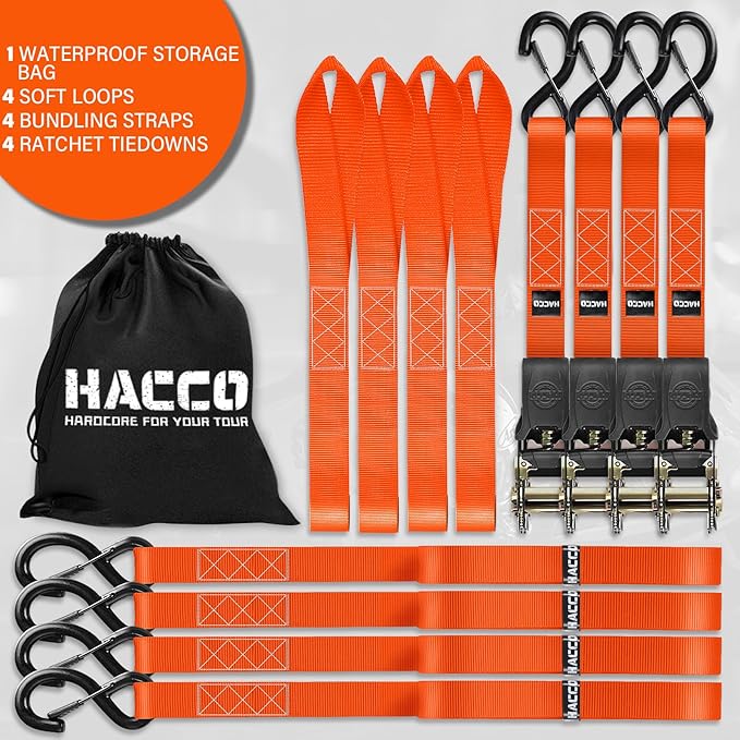 Ratchet Tie Down Straps, 2340lb Break Strength, 4pc 1inch x 16FT Tie Down Strap Set with Padded Handles & Coated S Hook W/Safety Clip, Cargo Strap Tie Down for Motorcycle, Truck (Orange)