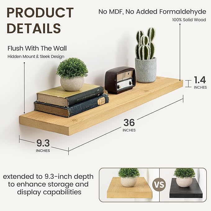 Marsmiles Floating Shelves | 36 Inch Natural Wood Wall Shelves Set of 2 | 9.3 Inch Deep Rustic Reclaimed Wood Shelves for Roo