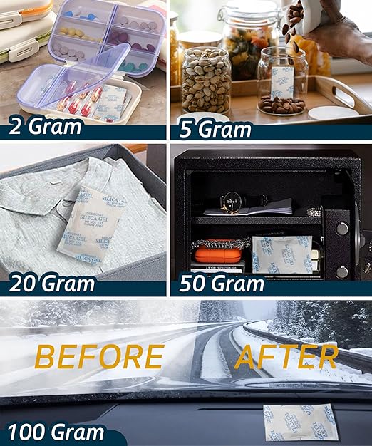 100 Gram (15 Pack) Color-Indicating Silica Gel Packets, Premium Food Grade Desiccant - Rechargeable Moisture Absorbers for