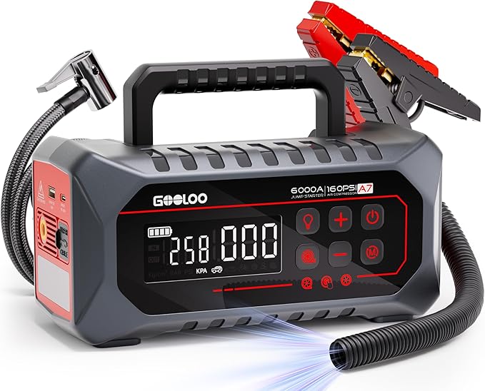 GOOLOO A7 Jump Starter with Air Compressor 6000A &160PSI 12V Car Battery Jumper Starter Portable Booster Pack 12-in-1 Jump