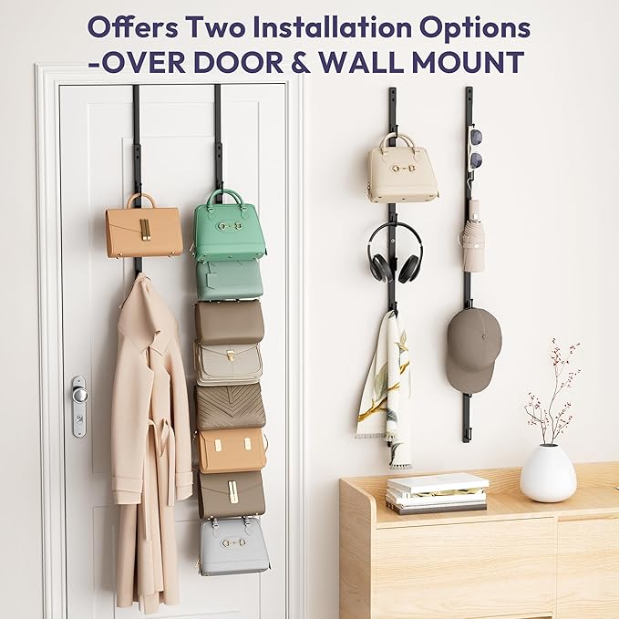 SWTYMIKI Over The Door Purse Organizer - 2 Packs Wall Mounted Purse Rack with 8 Hooks Design, Hanging Handbag Organizer Stora
