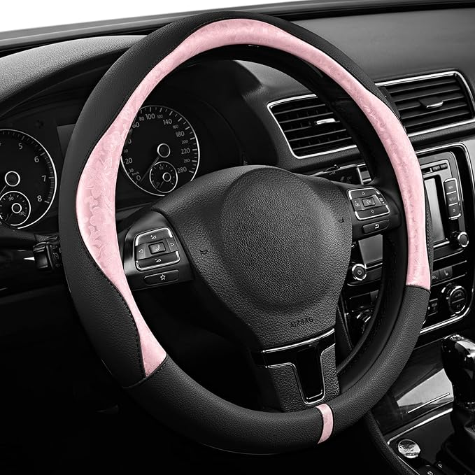 PIC AUTO Steering Wheel Cover, Pink Patterned & Black Leather Patchwork Design, Universal Fit 14.5"–15.5", Anti-Slip, Odor-Fr