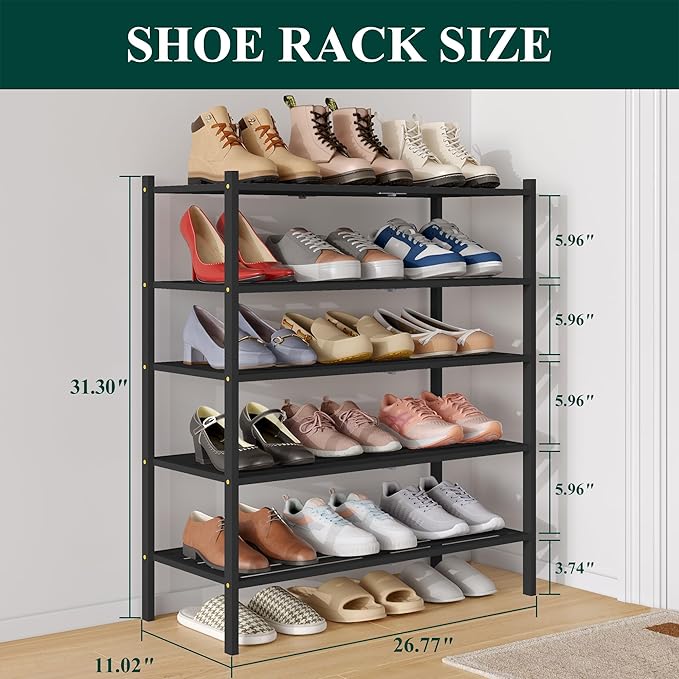 Smiry Bamboo Shoe Rack 5-Tier, Stackable Wooden Shoe Organizer for Entryway & Closet, Free Standing Wood Shoe Storage Shelf f