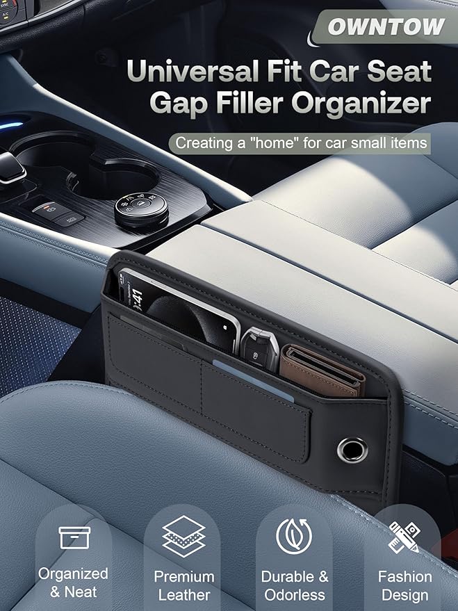 Universal Fit Premium Leather Car Seat Gap Filler Organizer, Center Console Organizer with Card Slots, Clever Gifts for Car SUV Truck Owners (Black, 2 Pack)