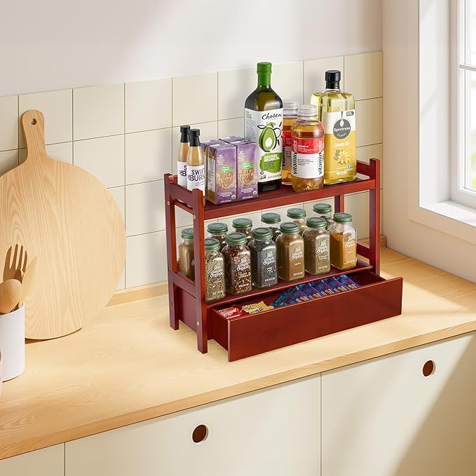 Sorbus Bamboo Bathroom Counter Organizer – 2-Tier Shelf with Hidden Drawer for Vanity, Matcha Station, Bathroom Sink Organize