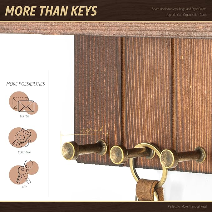 Rebee Vision Rustic Pine Wood Key Holder Wall Mount - Fun Key Holder for Wall with 7 Hooks and Charming Wall Shelf for Hangin