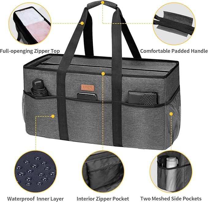 LHZK Stand Up Extra Large Utility Tote Bag with Lid, Utility Tote Bag with Metal Wire Frame and the Sides Rinforced, Reusable