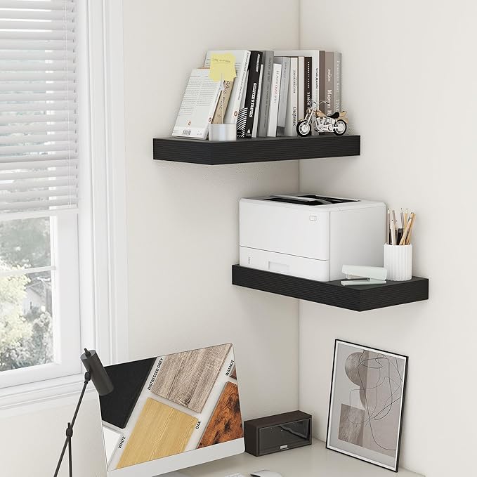 Deep Floating Shelves | 24 Inch Black Floating Shelves Set of 2 | 12 Inch Deep Rustic Wood Shelves for Wall | 24" W x 12" D B