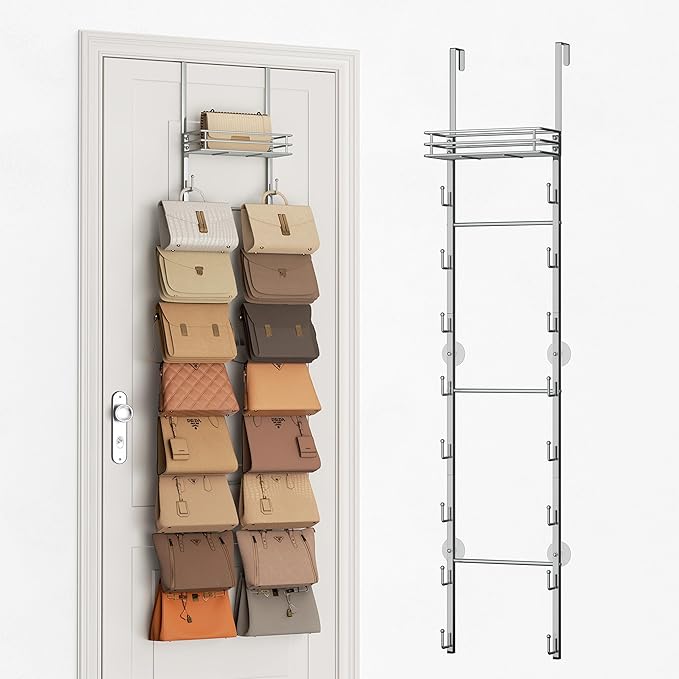 SWTYMIKI Over The Door Purse Organizer - Wall Mounted Handbag Organizer with 16 Hooks and Metal Basket, Hanging Purse Storage