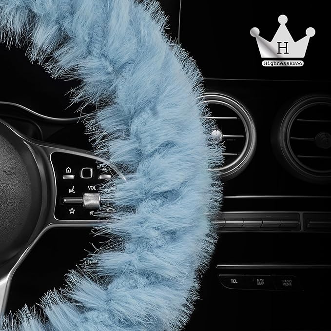 Fuzzy Winter Steering Wheel Covers for Women, Warm Cute Fluffy Car Wheel Cover for F150, Trucks, Jeep, Van, Soft Furry Auto Plush Large Car Handle Cover for Cold Weather, 15.2-16in, Blue
