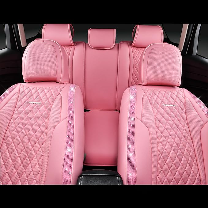 CAR PASS Pink Nappa Leather Car Seat Covers for Full Seats, Bling Diamond Waterproof Seat Protectior Universal Fit Auto SUV S