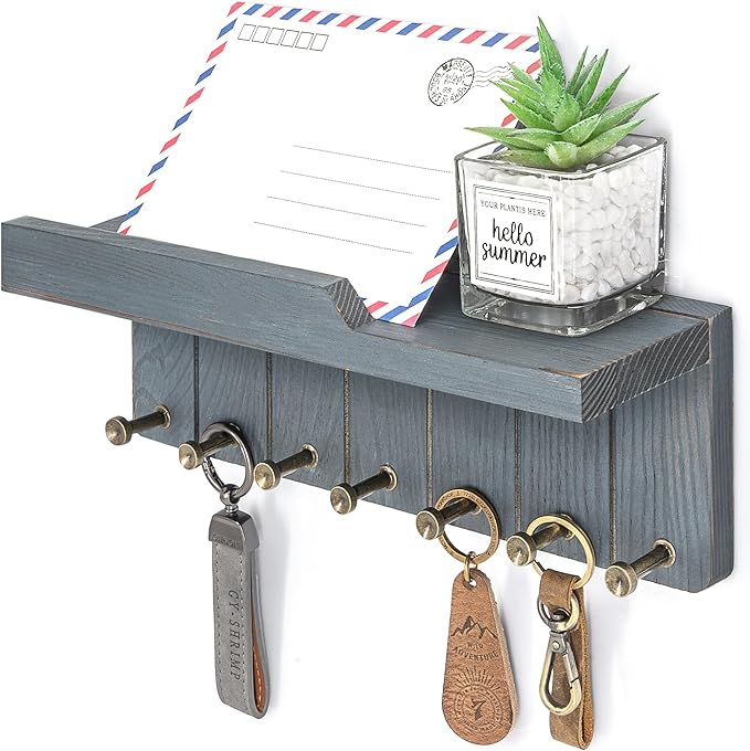Rebee Vision Pine Wood Key Holder Wall Mount – Rustic Key Holder for Wall with Charming Wall Shelf for Mail, Perfume & Little