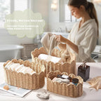 Scalloped Basket Set of 3, Wicker Storage Baskets - Hand-Woven Paper Rope Nursery Organizer for Diaper Caddy, Baby Toys & She