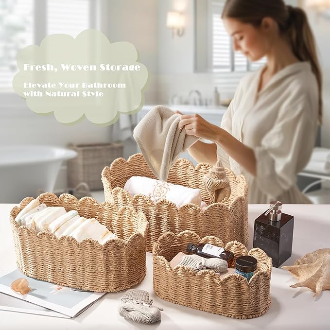 Scalloped Basket Set of 3, Wicker Storage Baskets - Hand-Woven Paper Rope Nursery Organizer for Diaper Caddy, Baby Toys & She