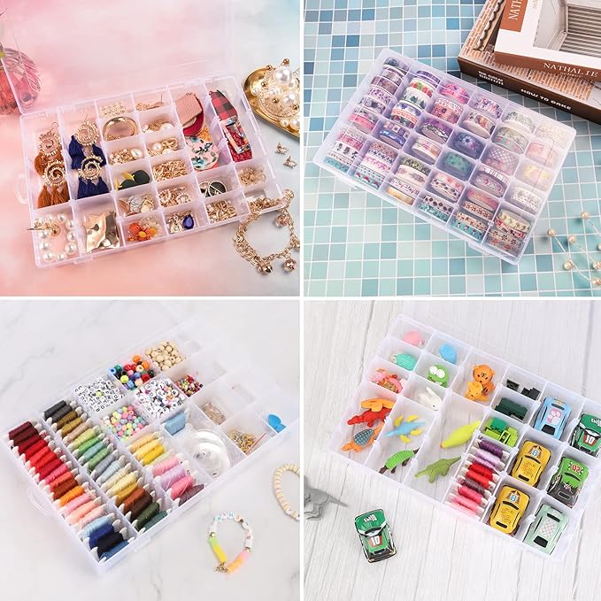 OUTUXED 2 Pack 36 Grids Clear Plastic Bead Organizer Box, Fishing Tackle Box Compartment Organizer with Adjustable Dividers f