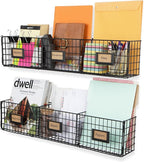 Wall35 Amalfi Hanging File Folders Office Desk Organizer Wall Mount Wire Basket Storage Magazine Holder 3 Sectional Set of 2 
