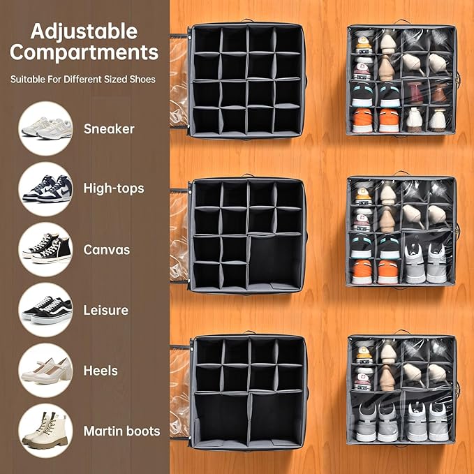 INSTY 2 Pack Shoe Organizer for Closet,Fits up to 32 Pairs,Adjustable Dividers for Shoe Storage,Fabric Shoe Storage Bins with