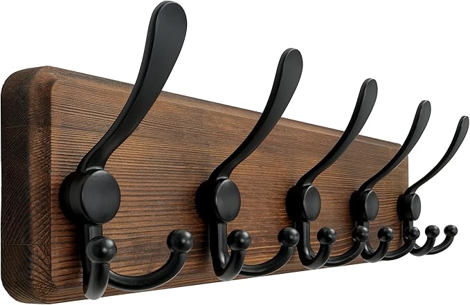 Dseap Coat Rack Wall Mounted - 5 Tri Hooks, Heavy Duty, Wooden Wall Coat Hanger Coat Hook for Clothes Hat Jacket Clothing, Na