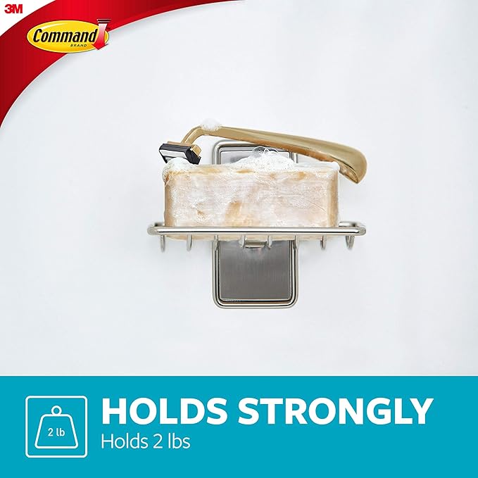 Command Soap Dish for Shower,Damage Free Hanging Bathroom Soap Dish,No Tools Bar-Soap Holder,1 Satin Nickel-Soap-Dish and 2 W
