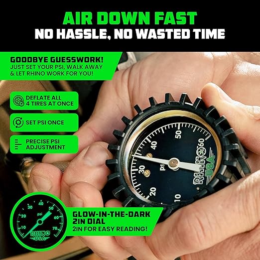 Rhino USA Adjustable Tire Deflators with Gauge (0-60psi) Calibrated & Automatic Tire Air Down Tool - Large 2" Easy Read Glow Dial & Solid Brass Hardware - Best Offroad Deflator for Jeep, Truck or ATV