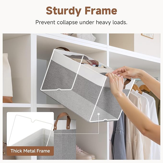StorageWorks Storage Bins, Fabric Storage Bins for Shelves, Large Storage Baskets with Metal Frame, Closet Baskets and Bins w