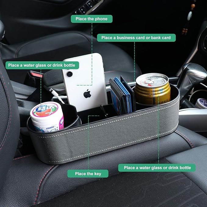 Car Seat Organizer Cup Drink Holders,Multifunctional Gap Filler Storage Box,Insert Organization Helps Reduce Distracted Driving&Holds Phone Mount Mug Bottle Cellphones Coasters Wallet Cards (Gray)