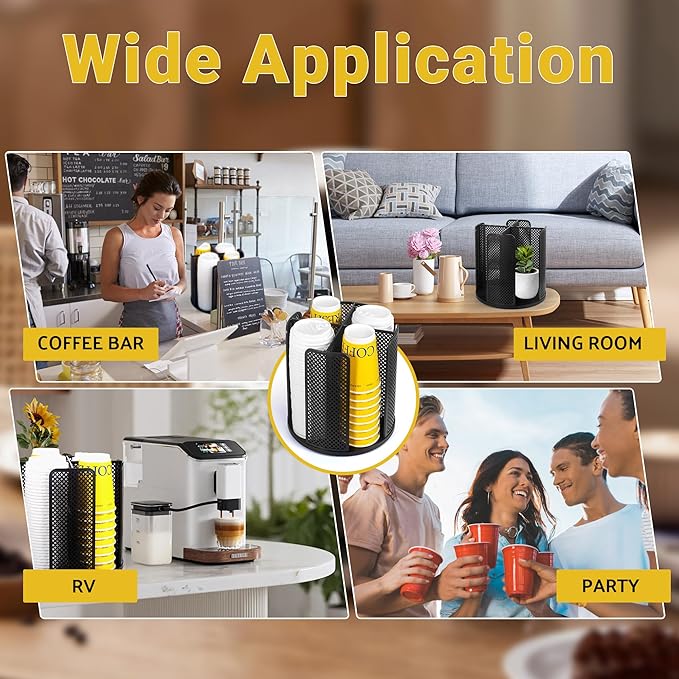 4-Compartment Rotating Paper Cup Holder & Coffee Cup Lid Storage Dispenser, Plastic Cup Dispenser Removable, Space-Saving Cou
