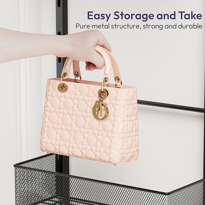 SWTYMIKI Over The Door Purse Organizer - Wall Mounted Purse Rack with 4 Adjustable Metal Basket and 6 Hooks, Hanging Bag Rack